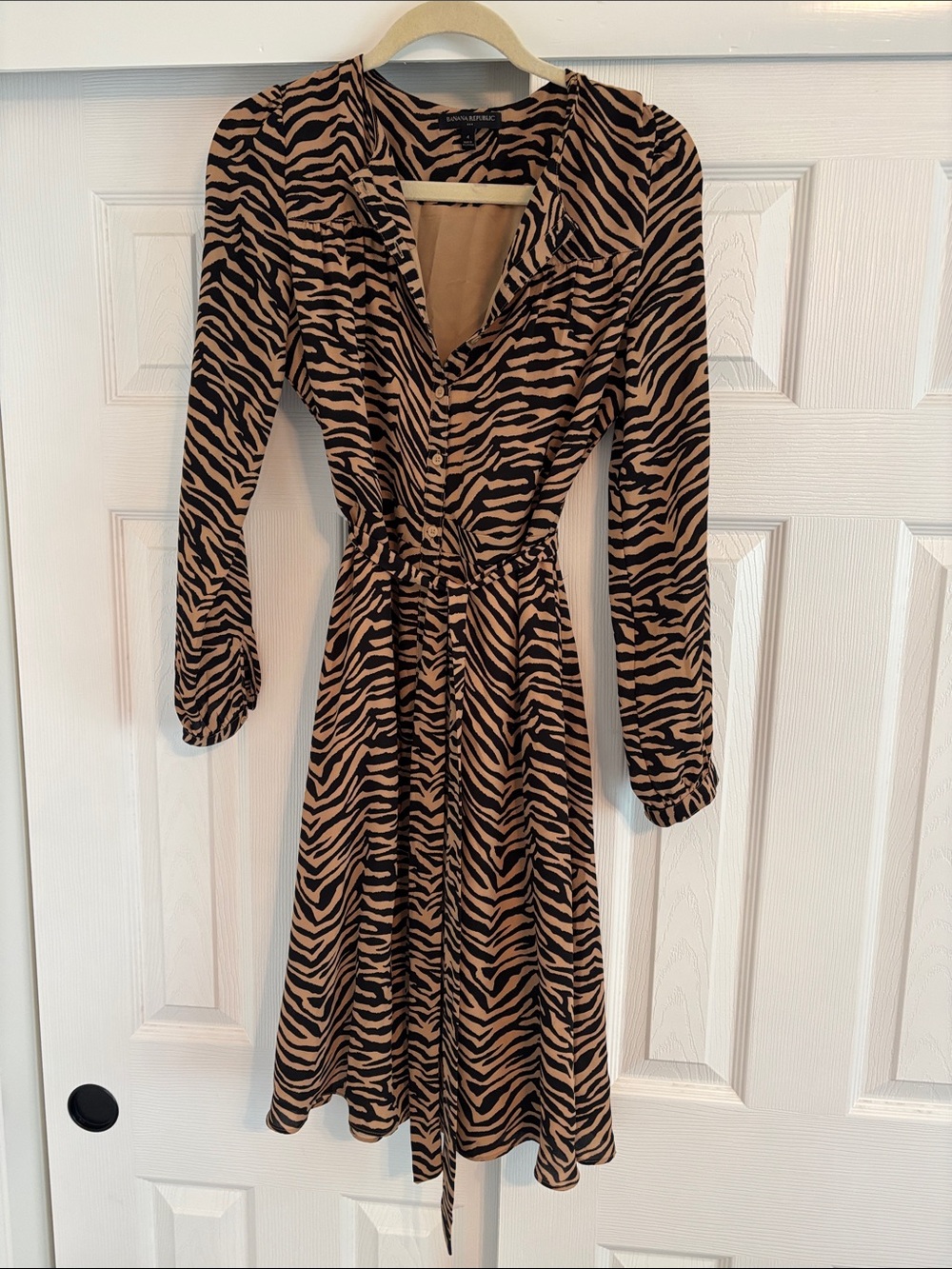 Banana Republic Black and Tan Zebra-Print Long-Sleeve Wrap Dress